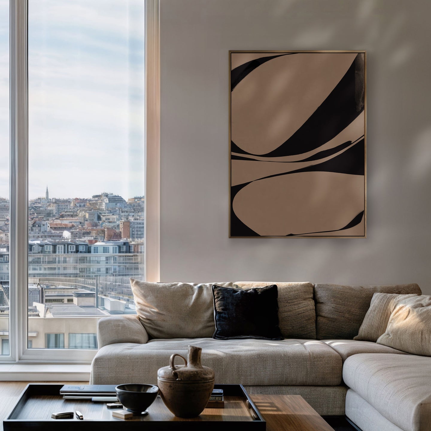 Tableau vertical aux teintes douces et aux formes épurées, signé Kupko, parfait pour créer une ambiance harmonieuse et contemporaine.