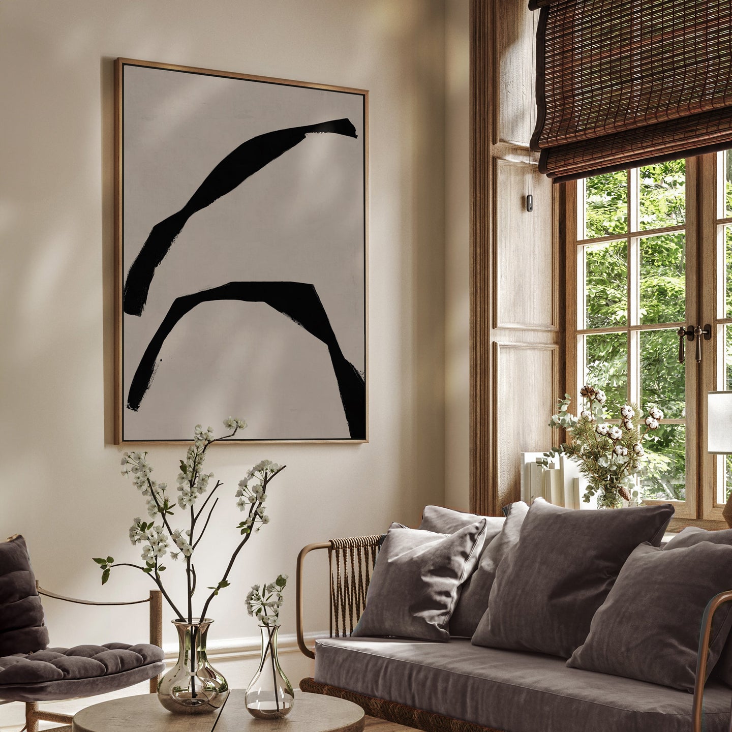 Tableau vertical aux teintes naturelles et aux courbes harmonieuses, signé Kupko, apportant équilibre et modernité à votre intérieur.