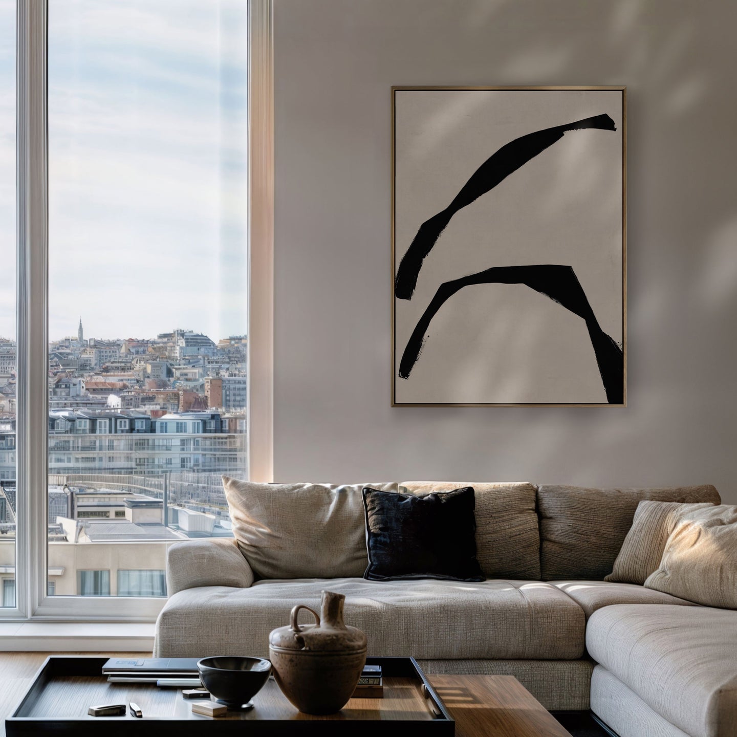 Tableau vertical aux tons apaisants et aux lignes épurées, signé Kupko, parfait pour une décoration sobre et élégante.