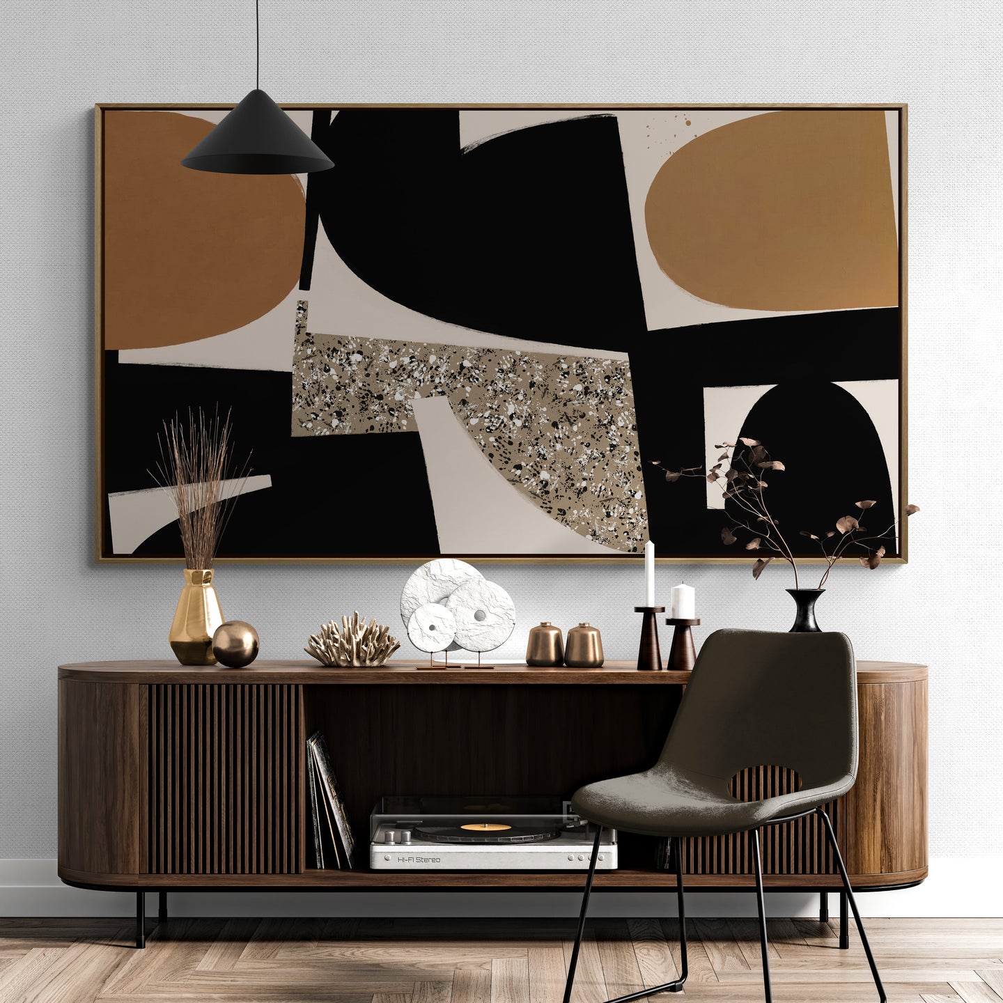 Grand tableau aux formes organiques et aux teintes neutres, signé Kupko, conçu pour apporter une touche de sophistication et de sérénité à votre intérieur.