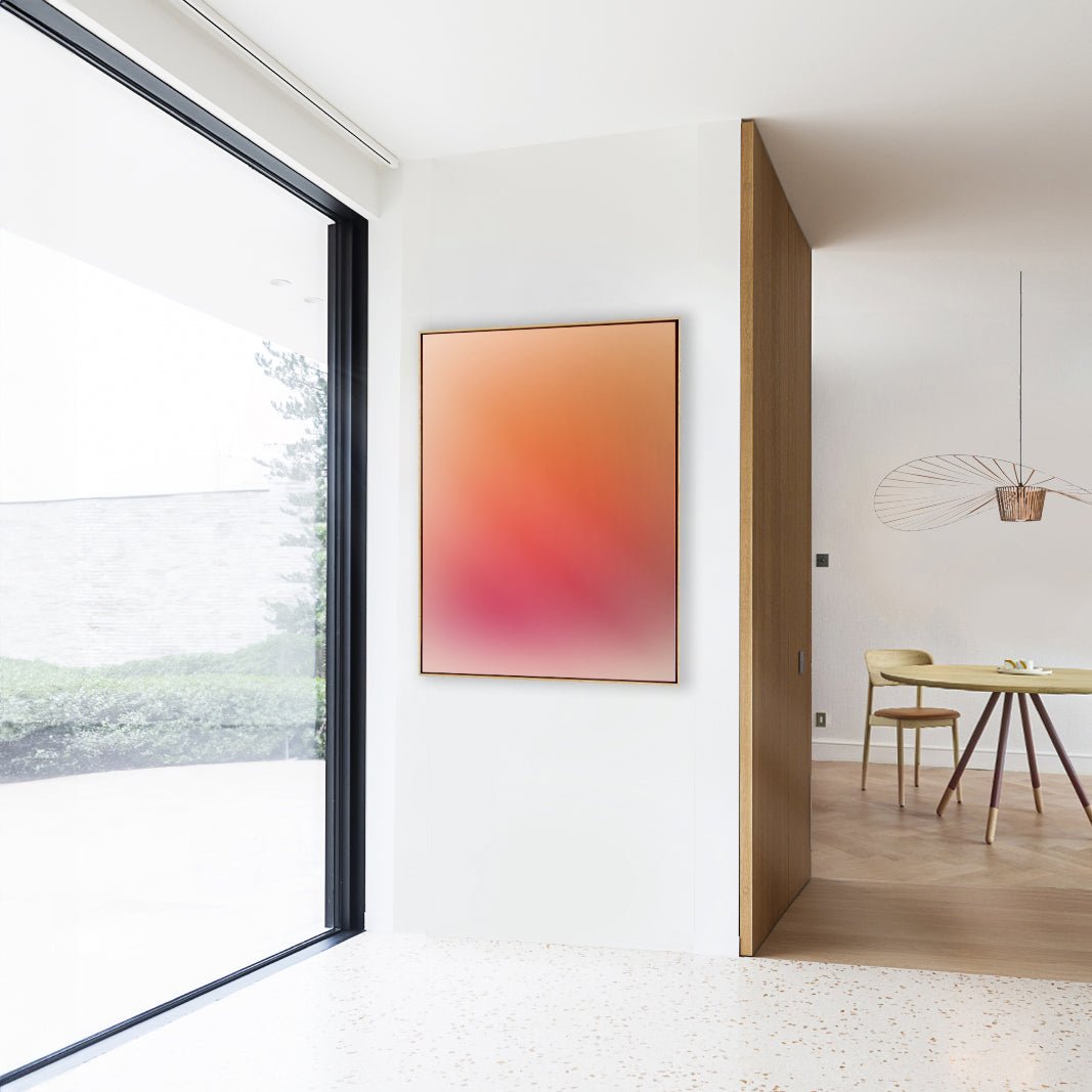 Tableau mural Tam gradient orange à rouge, cadre bois naturel, œuvre contemporaine Kupko