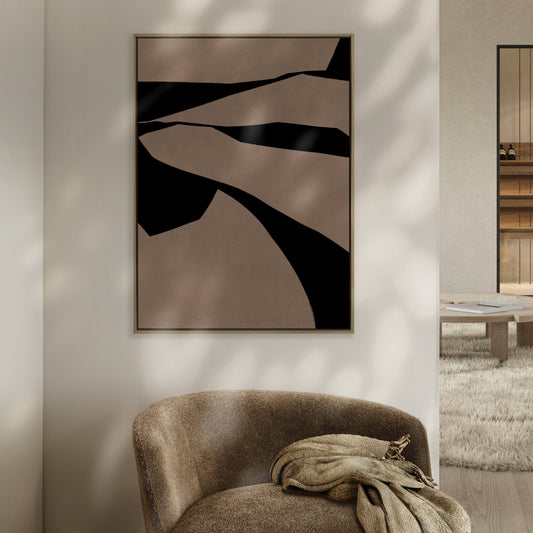 Tableau Tenos aux traits noirs sur fond clair, cadre bois naturel, œuvre contemporaine Kupko